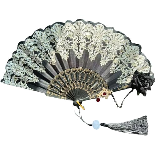 Abbdbd Abanico De Baile Lolita con Encaje De Rosas Y Flores, Abanico De Mano Retro con Borlas, Plegable, para Bodas, Fiestas De Té, Bailes Y Espectáculos.