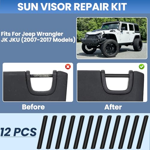 Upgrade Sun Visor Kit for Jeep Wrangler, 12 PCS Visor Tubes Compatible with Jeep Wrangler Jk Jku 2007-2017 Accessories, Quick and Easy Repair Left & Right Side Loose Sunvisor (Black)