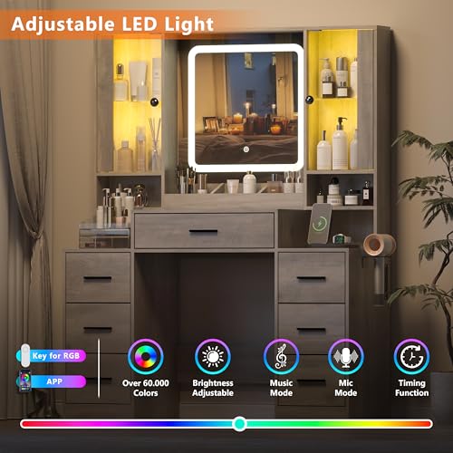 Image of Wodeer Grey Makeup Vanity Desk with Mirror & Lights, Modern Vanity Table with Charging Station, 7 Drawers, Glass Cabinet, Adjustable Shelves, Bedroom Dressing Table Set for Women & Girls