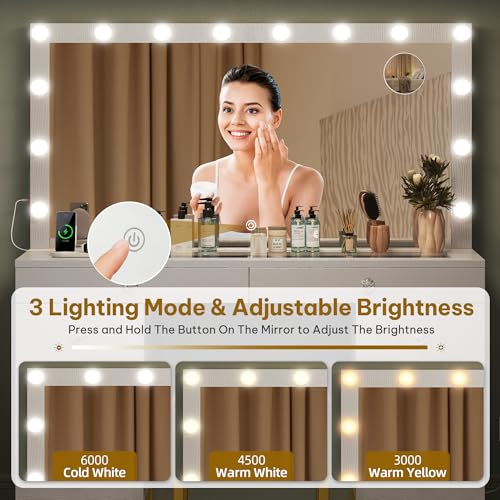 Image of DWVO White Vanity Desk with Mirror: Makeup Table Set with 14 LED Lights & Charging Station Magnifying Mirror, 3 Light Modes, 8 Drawers and Storage Stool