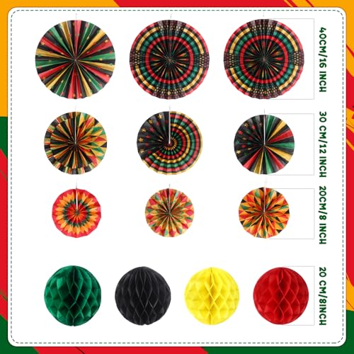 Image of Outus 21 Pcs Juneteenth Decorations Hanging Paper Fans Juneteenth Tissue Paper Poms Red Green Yellow Classroom Garland Ceiling Decor for Kente African American Party Supplies