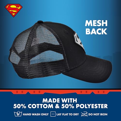 Image of Concept One Unisex Adult DC Comics Superman Logo Trucker Hat, Adult Adjustable Snapback Baseball Cap with Curved Brim for Men and Women