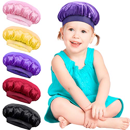 SATINIOR 5 Pieces Kids Satin Bonnets Stain Sleep Caps Wide Band Sleep Hats for Kids Daily Supplies