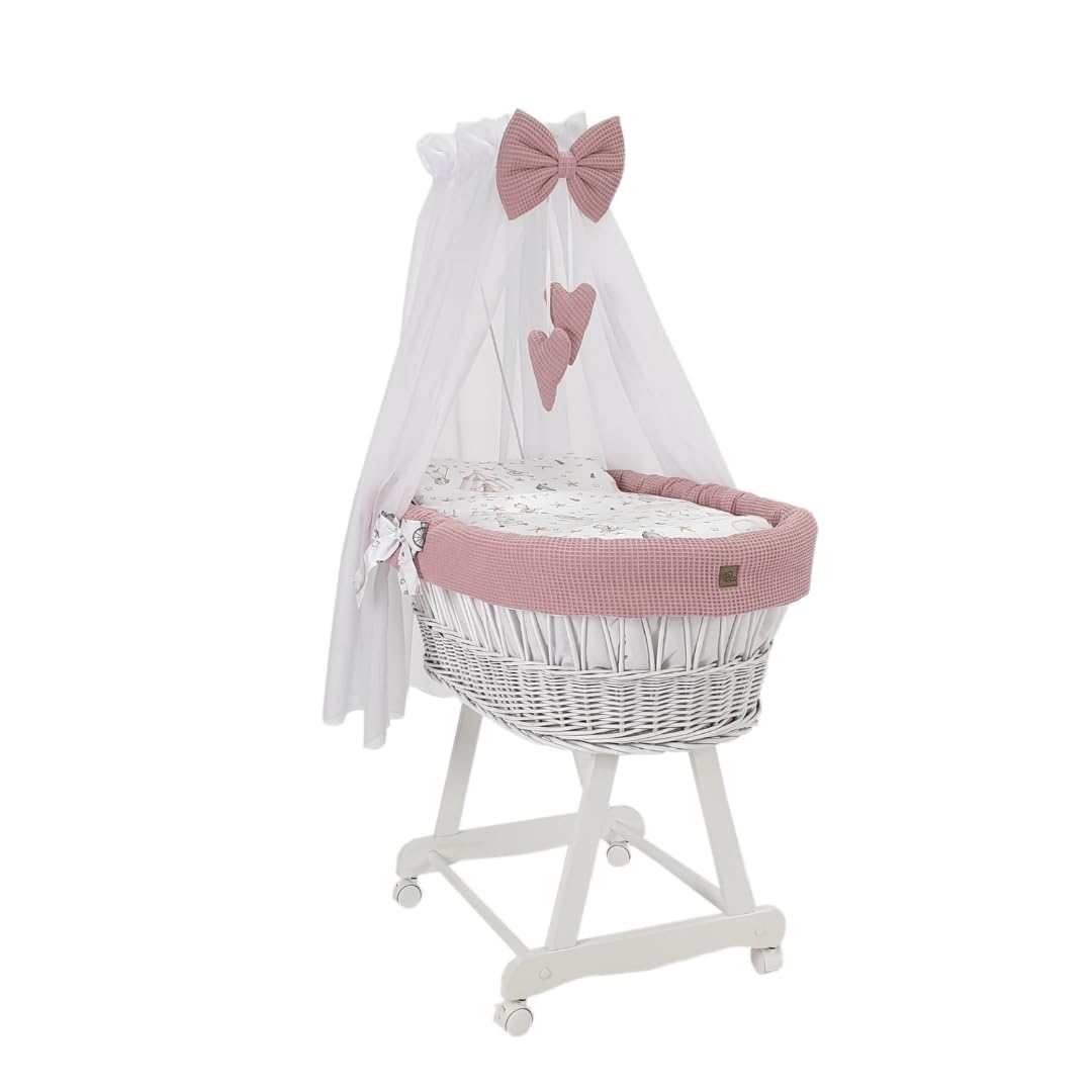 Wiklinopol Moisés con dosel Lena – Moisés de mimbre con estructura – Cesta para bebé en color blanco, juego completo con 5 piezas, ropa de cama de conejito rosa – con ruedas, portátil, segura