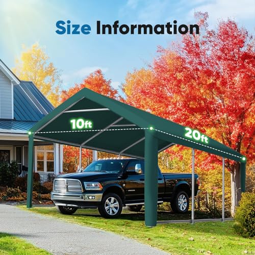 Image of ADVANCE OUTDOOR 10x20 ft Carport Replacement Top Cover w /Leg Cloth, Heavy Duty Waterproof & UV Protected, Easy Installation with Ball Bungees, Green, Roof Only