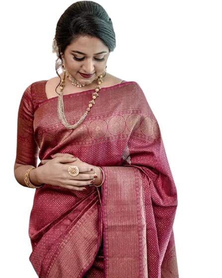 Flosive Women's Present Banarasi Soft Lichi Silk Saree Beautiful Jacquard Rich Pallu Design Work Zari Woven Kanjivaram Silk Style Saree With Soft Lichi Silk Blouse Piece Ayn Royal Pink Round
