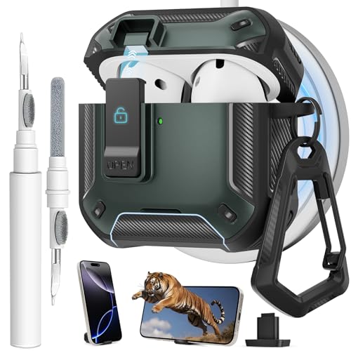 Image of for AirPods 4 Case with Magnetic Secure Lock Clip and Phone Stand, Compatible with Magsafe Charging, with Carabiner&Cleaner kit for Apple iPod 4th Generation Cover(2024) Men Women (Dark Green)