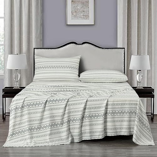 Chezmoi Collection 4-Piece Southwestern Tribal Lodge Bed Sheet Set, Queen Size - Ivory Navy Printed Microfiber Soft Breathable Deep Pocket Sheets and Pillowcases Set