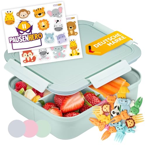 Pausenhero Brotdose Kinder mit Fächern [Obstgabeln + Sticker Set Grün] Brotdose Schule Snackbox mit Fächern Bento Box Lunchbox Kinder Lunchbox Erwachsene Bento Box Kinder Brotbox