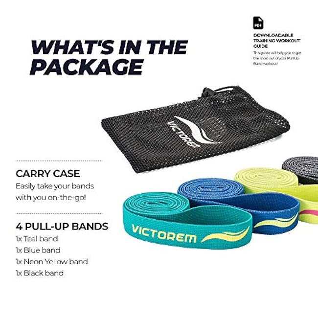Victorem Pull Up Assistance Bands Set - Set of 4 Long Fabric Resistance Bands for Home - Sturdy Stretchy Equipment for Home Exercise and Stretching - Perfect for Fitness with Bag and Workout Guide