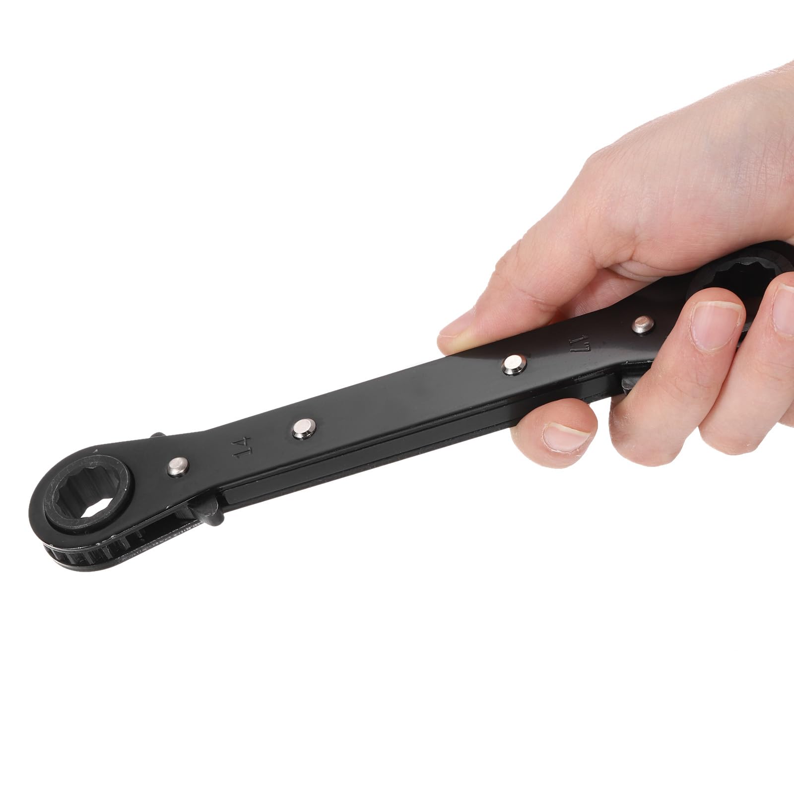 Chiave a cricchetto Reversibile a Doppia estremità 14 mm x 17 mm in Acciaio CR-V, Rotazione a 180 Gradi, metrica, Doppia Testa, 12 Punte, 24 Denti, Regolabile, Nera