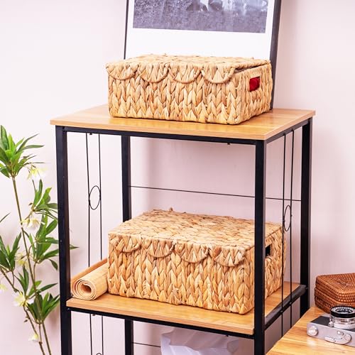 Scalloped Edge Wicker Basket with Lids, Rectangle Wicker Storage Basket with Built-in Handles, Multipurpose Organizer Rattan Display Boxes for Shelf, Nursery Room, Set of 2 - Image 4
