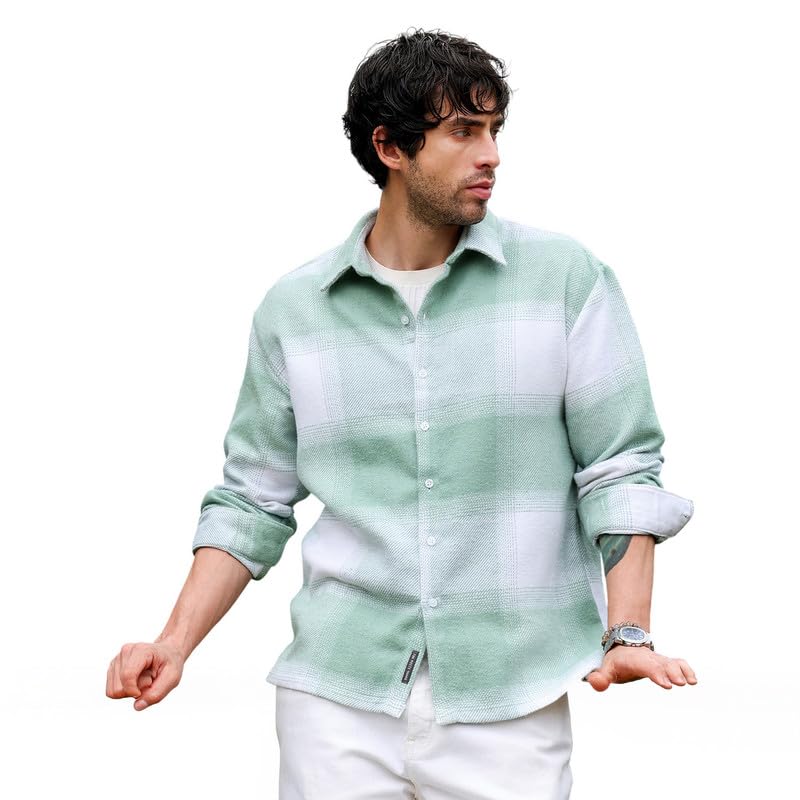 Image of CAHOOT Men Shirt | Spread Collar, Long Single-Button Cuff Sleeves | Button, Straight Hem | Plaid Twill | Woven Fabric for Casual Light Pistachio:Cream White
