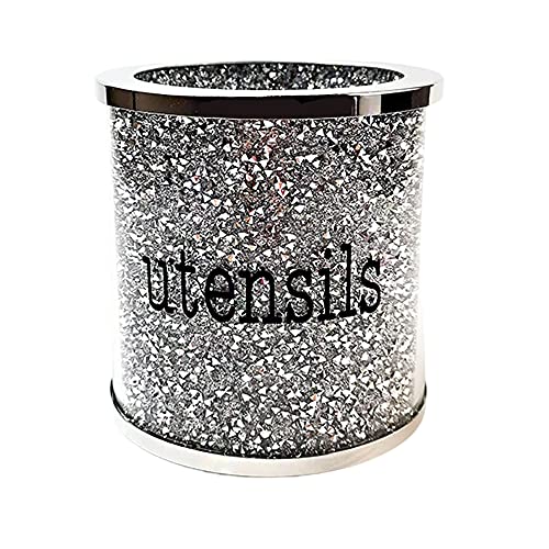 Lmaray Crystal Glass Silver Utensil Crocks, Bling Utensil Storage Tin, Metal Frame Cylinder Organizer for Countertop, Glass Storage Can for Kitchen, Home Decor