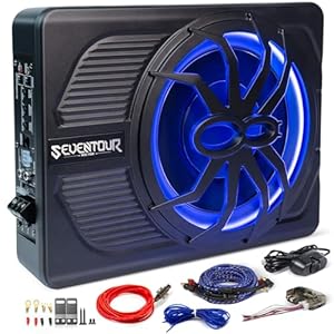 10″ 800W Slim Under Seat Powered Car Subwoofer, Car/Truck Audio Sub Built in Amplifier, New Upgrade with Blue LED Ambient Light