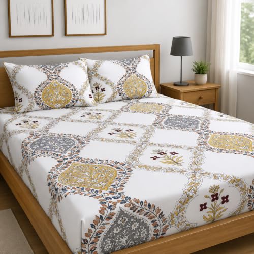 Image of Premium Cotton Fitted Bedsheet King Size 78 x 72 x 8 Inches with 2 Pillow Covers | 220 TC | All-Around Elastic Deep Pocket Bed Cover | White Mustard Grey Ethnic