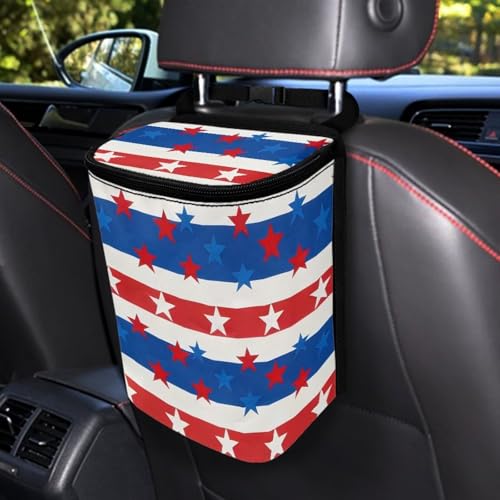 Image of Talayituse American Flag Star Print Car Trash Can with Lid, 4th of July Leak Proof Auto Trash Bag Hanging Vehicle Garbage Can Multipurpose Storage Container for Back Seat Road Trip