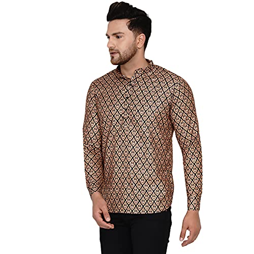 Image of Veera Paridhaan Men's Cotton Printed Full Sleeve Short Kurta(Brown) (VP008208)
