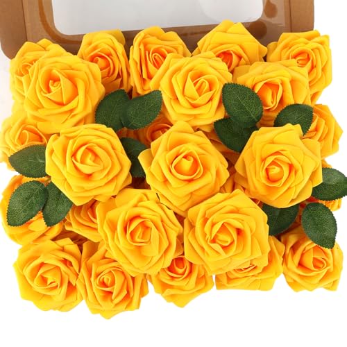 MACTING Artificial Yellow Flowers 30PCS Real Touch Fake Flowers Soft Foam Roses with Stem for Floral Arrangement DIY Table Centerpieces Wedding Bouquet Party Holiday Summer Mothers Day Decor