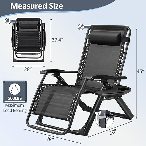 Spurgehom Padded Zero Gravity Chair, Folding Portable Reclining Lawn Chair, Patio Recliner Lounge Chaise with Detachable Cushion,Cup Holder,Headrest for Outdoor/Indoor,Support to 500lbs, Black Cushion - Thumbnail 2