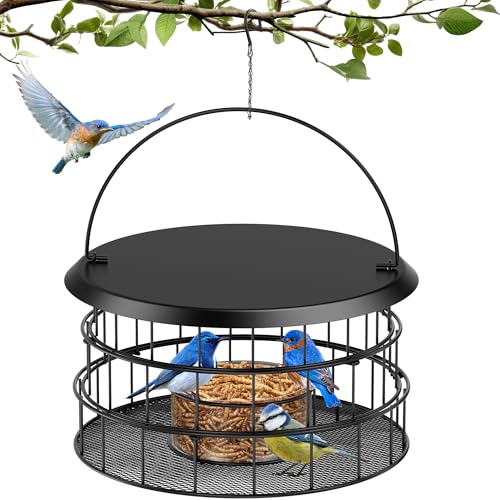 HAVENATURE Bluebird Feeders for Outdoors Hanging - Birdfeeder Hanging for Garden Yard Outside, Upgraded All Metal Cage Mealworm Bird Feeder with Tray, Squirrel Proof, Easy to Refill & Clean