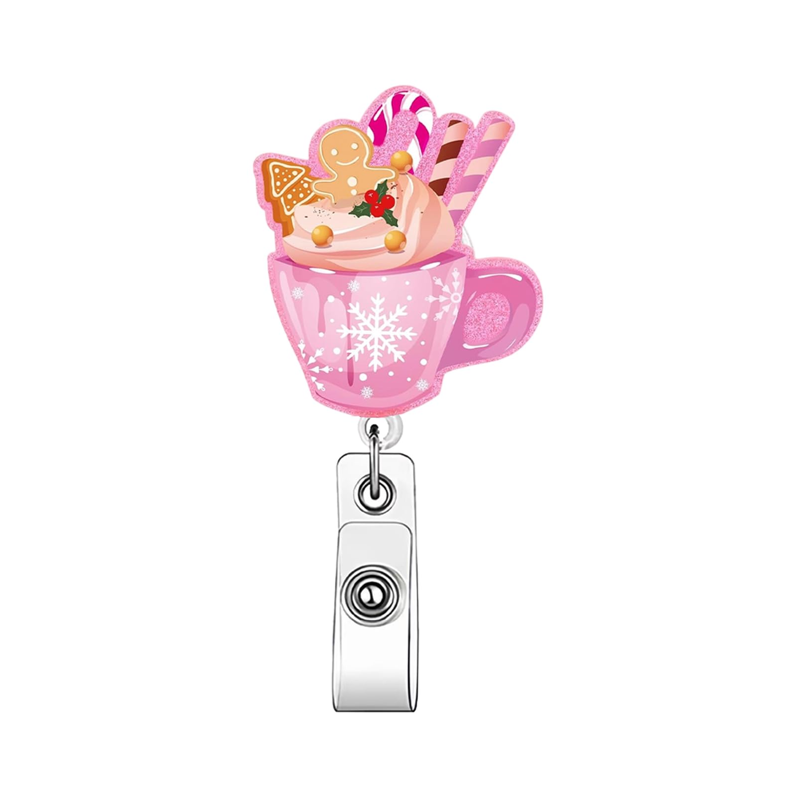 View 1 of Christmas Badge Reel Funny Cute Cup Pink Badge Reel Retractable Pink ID Badge Holder Retractable Clip 360 Rotating Badge Clip Non-Slip ID Holder for Nurse Doctor Teacher Student Worker