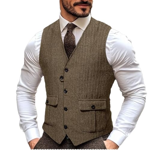 Men's V-Neck Suit Vest Herringbone Tweed Casual Slim Fit Dress Wedding Waistcoat