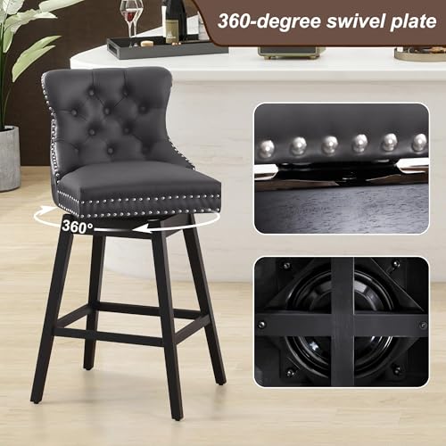 Image of Grey Leather Swivel Bar Stools Set of 4 with Back, 26 Inch Counter Height Chairs, Solid Wood Legs, Tufted Seat, Comfortable and Stylish for Kitchen, Island, Home Bar(Grey, 4 Pack, 26 inch H)