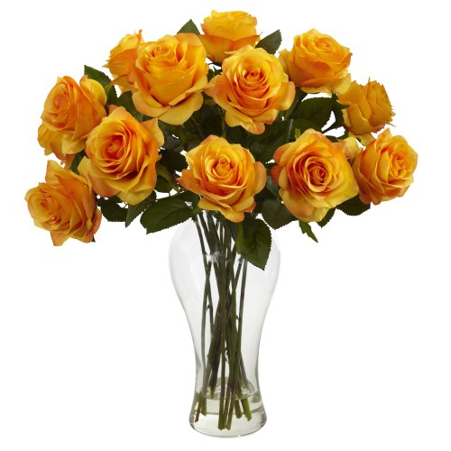 Nearly Natural 1328-OY Blooming Roses with Vase, Orange Yellow