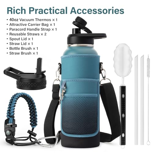40 oz Insulated Water Bottle | Thickened Stainless Steel Vacuum Metal | Portable Sports Water Jug for Gym and Hiking with Straw, Carrier Bag, Handle Strap | BPA-Free 40 oz
