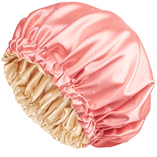 VANANSA Pink waterproof shower cap for women, Reversible Double Layer Sleeping Caps with Silk Blush-Champagne