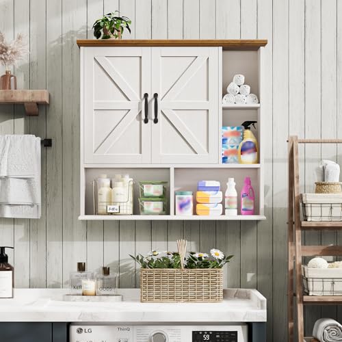 Image of Bathroom Wall Cabinet, Farmhouse Medicine Cabinet with Doors, White & Brown