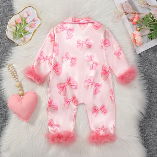 Baby Girl Satin Pajamas Bow Print Silk Romper Pjs Long Sleeve Feather Trim Button Down One-Piece Sleepwear Jumpsuit3