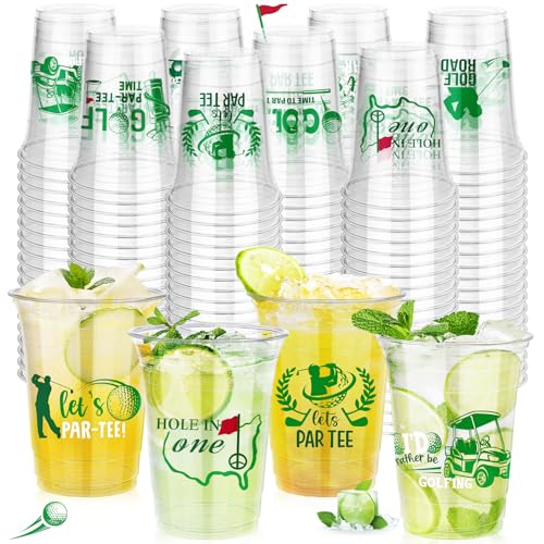 FULJOOY 120 16 Oz Golf Disposable Plastic Cup Transparent Green Lightweight Classic Round for Home Golf Themed Holiday Birthday Bachelor Party Tournament Country Club Event Favor Supply Decoration