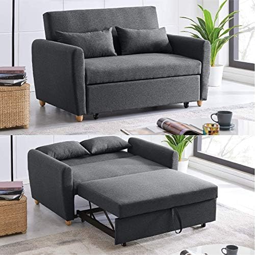 Bravich Pull Out Two Seater Double Sofa Bed - Grey. Modern Contemporary Space Saving Folding Bed, Easy Fold Living Room Furniture To Full Size Double Bed. Fabric Couch With Thick Foam Cushions.