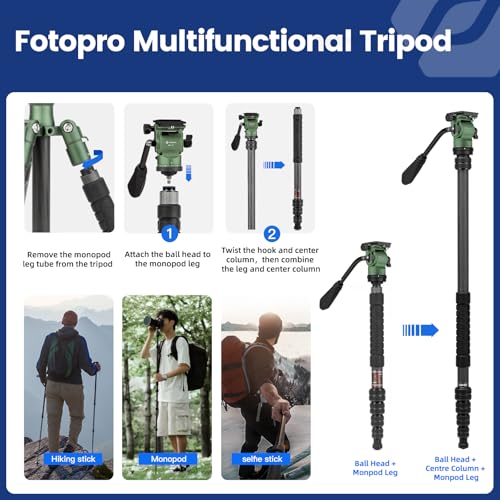 Image of Fotopro 62 inch Carbon Fiber Travel Tripod, Lightweight Compact Video Tripods with Fluid Head, Detachable Monopod with Arca-Swiss Quick Release Plate and Bag, Camera Tripod Load up to 8KG /17.63lbs, Green