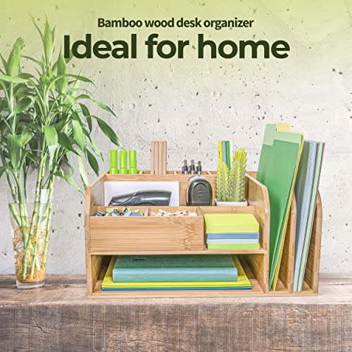 MissionMax Bamboo Desk Organizer with attached Upright File Holders. Fully Assembled and Holds all your Accessories, Supplies and Storage needs for Office, Home and Classroom Organization