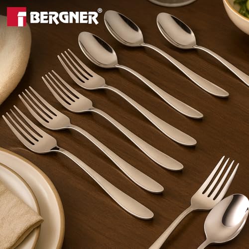 Image of Essential Plus by Bergner Passion 12 Pcs Stainless Steel Cutlery Set for Home & Kitchen - 6 Dinner Spoon and 6 Dinner Fork, Food Grade, Non Toxic, Dishwasher Safe, Cutlery Set for Dining Table - 18cm