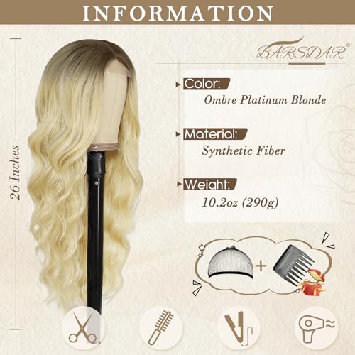 BARSDAR Long Blonde Wavy Wig, 26 Inch Middle Part Lace Front Natural Soft Synthetic Hair, Ombre Blonde, Ombre Platinum Blonde - Image 2