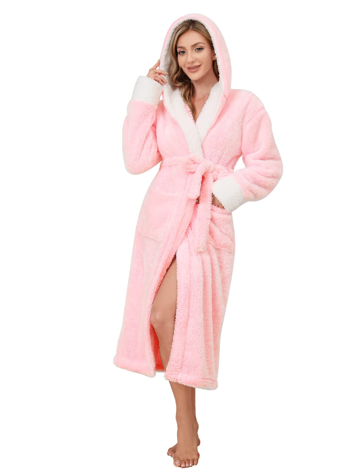 Voqeen Peignoir de Bain Femme Polaire à Capuche Robe de Chambre Peignoir en Peluche et Douillet pour Dames Super Doux En Polaire Idée Cadeau Femme, S-XL