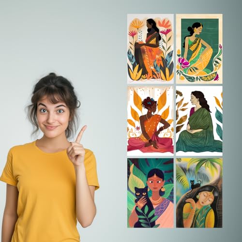Image of SiddArtify - Indian Women Art Prints - Eclectic Bohemian Illustrations Wall Decor - 300GSM - 12x18 Inch - Pack of 6 Wall Decoration art Poster Prints