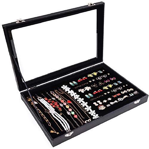 Wuligirl Velvet Clear Lid Necklace Mix Ring Display Case Jewelry Organizer Tray Jewelry Box Showcase Stackable(Ring&Necklace)