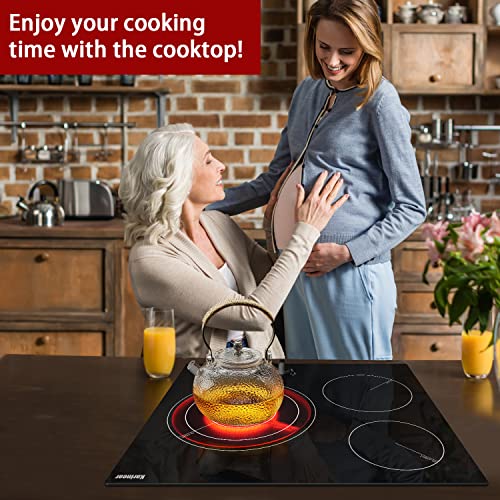 Karinear 24'' Electric Cooktop 3 Burners Ceramic Cooktop, Built-in Electric Stove Top Knob Control, Hot Warning, Over-Temperature Protection, 9 Power Setting, 220-240v, 5700W, Hard Wire (No Plug)