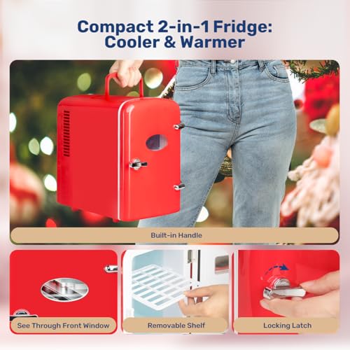 Image of HealSmart 4L Mini Fridge with Observation Window, 6 Can Capacity, Freon-Free and Portable Cooler and Warmer, Cosmetics /Food /Beverage, Red New