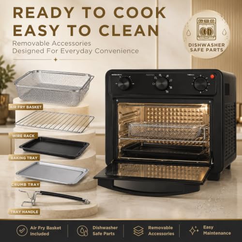 Image of Faber Air Fryer Oven 24L 1600W|View Window|Bake Tray,Tray Handle & Crumb Tray|Dishwasher safe removable parts|5 Preset Auto Program|3 Rack Positions|Roast,Fry,Toast,Defrost|FAO CrispX Pro 24 BK