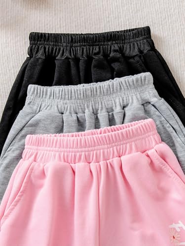 Girls 3 Pack Sweatpants Athletic High Waisted Joggers Pants Black Grey Pink 6-12Y3