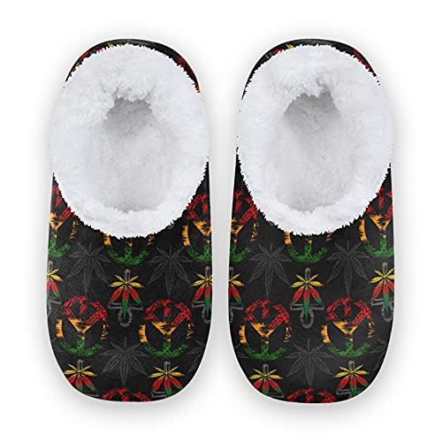 OTVEE Unisex Slipper Marijuana Weed Leaves With Peace Symbols Coral Fleece House Slipper Anti-Skid Indoor Socks House Shoes for Men and Women-XL