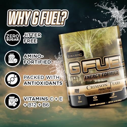 Image of G Fuel Elden Ring Crimson Tears Energy Drink Powder, Pre Workout Caffeine Mix for Gaming, Sugar Free Focus Amino, Vitamin + Antioxidants, 9.9oz (Prickly Pear, 40 Servings)