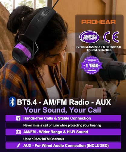 Image of PROHEAR 033 AM FM Bluetooth 5.4 Radio Headphones Hearing Protection 31dB SNR - 58Hrs Playtime - Ear Protector for Mowing Lawn, Gifts for Women (Purple)