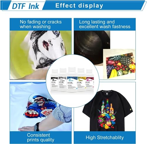 Image of MZK DTF Ink Premium DTF Transfer Ink for PET Film, Refill for DTF Printers Ink, Heat Transfer Printing Direct to Film + 500g DTF Powder (5X 250ml CMYKW)
